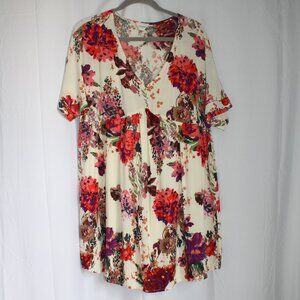 Andree by Unit Cream Floral Mini Babydoll Dress Short Sleeve V-Neck Size Large